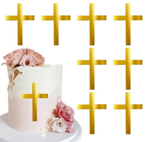 5 Stück Acryl Kreuz Tortendeko Christliche Taufe Cake Topper Gott Segnet Kuchen Deko für Religiös Kreuz Erste Heilige Kommunion Thema Baby Dusche Geburtstag Party Cupcake Dekorationen Gold