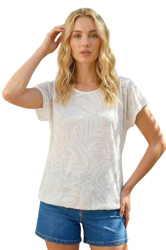 Roman Originals Burnout Bubble Hem Top for Women UK - Ladies Everyday Holiday Spring Summer Round Neckline Comfy Soft Evening Vacation Work Party - Ivory - Size 18