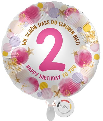 balloa Geburtstagsballon Zahl 2 Happy Birthday, Folienballon, 33 cm | Zahl 2 in Rosa und Gold mit Konfetti, runde Form, heliumgeeignet, ungefüllt, Deko zum 2. Geburtstag für Mädchen