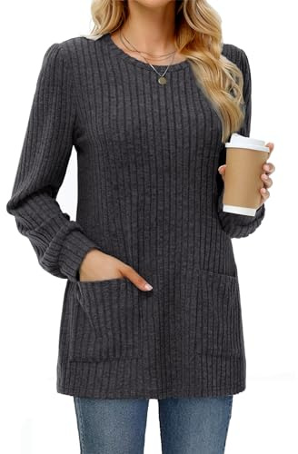Tanmolo Suéter Mujer Largo Ligero con Bolsillos Cuello Redondo Manga Larga - Jersey Básico de Punto Suave para Otoño Invierno Primavera