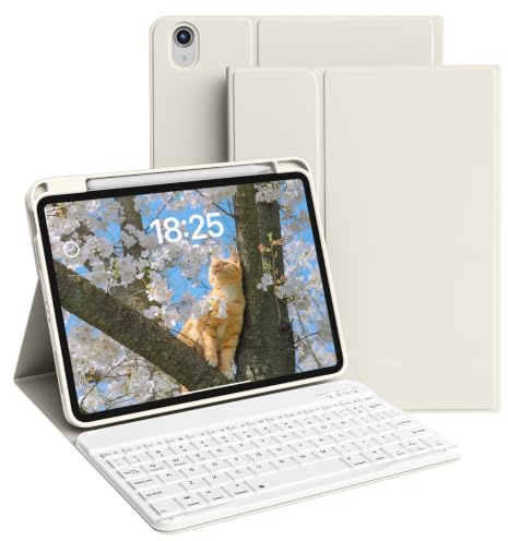 zoyu Keyboard Case for iPad A16 11th Gen 11/10th Gen 10.9, Cream White | Stand Folio Keyboard Cover, Pencil Holder, Magnetic Wireless Detachable Bluetooth Keyboard ,Thin & Light, Auto Wake/Sleep