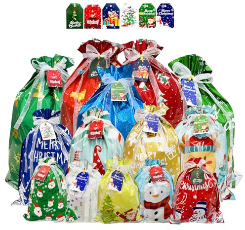 Allruyee Weihnachten Geschenktüten - 24 Stück mit Kordelzug, Weihnachtstüten für Süßigkeiten/Spielzeug, Festliche Geschenkverpackung für Xmas Party & Weihnachtsdekoration
