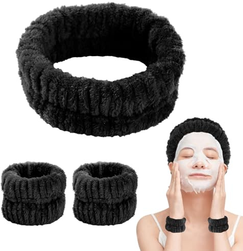 Bighan Set de Bandeau et Bracelets de Lavage de Visage, Poignets de Maquillage Absorbants, Bandeau de Soin Elastique pour Lavage du Visage, Noir