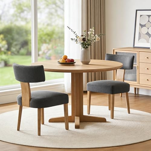 Relbiety Lot de 2 Chaises de Salle à Manger Lin Pieds en Bois,Gris foncé | Chaise de Cuisine Moderne avec Dossier,Sans Accoudoirs,Pour Salon,Cuisine,Café