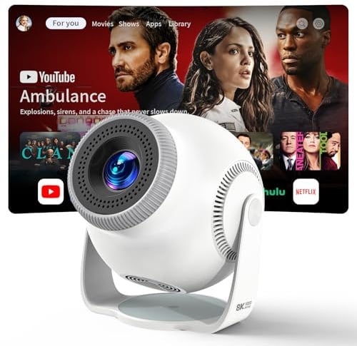 Videoprojecteur, Retroprojecteur 1080P/4K/8K Supporte avec Android 14, 480 ANSI Lumens, Projecteur Video Portable avec WiFi 6 Bluetooth 5.4, 270° Rotation, Mini Projecteur pour PC/Lap/Stick/HDMI