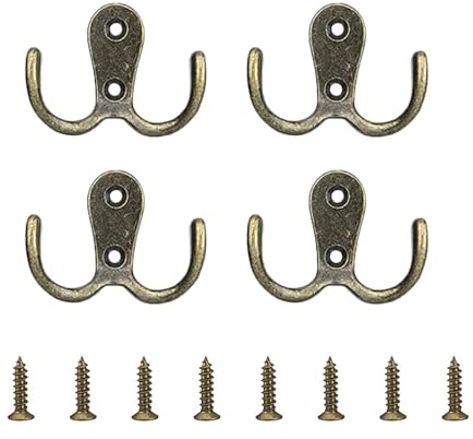 DikGifk 4er Set Kleiderhaken Vintage Bronze, Massive Metall Doppel-Haken Wandhaken Schwerlast, Retro Garderobenhaken mit Schrauben für Garderobe Tür Küche Schrank Badezimmer
