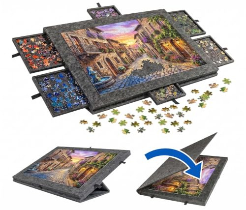 Relaxdays Puzzlebrett, 1000 Teile, 6 Schubladen, Filz, dunkelgrau | verstellbarer Ständer, Abdeckung, Puzzleunterlage