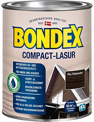 Bondex Compact Lasur RIO PALISANDER 0,75 L für 9,75 m² | Wasserbasierte Holzlasur | Intensiver Wetter- und UV-Schutz | Streichen ohne Grundierung | Seidenmatt | Geruchsarm