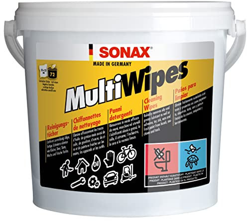 SONAX MultiWipes (72 Stück) reißfeste & widerstandsfähige Viskosevliestücher, entfernt Öl, Fett, Kleber, Teer, Tinte, Wachs und Farbe, auch für Hände geeignet / Art-Nr. 04680000