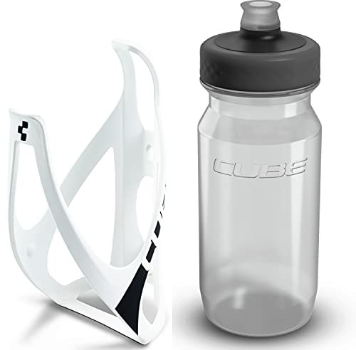 Cube HPP Cage - Matte White & Grip Bottle - Clear, 500ml / Water Drink Flask Vessel Bidon Holder Mount Bracket Kit Lightweight Plastic Drinking Hydration Biking Bike Riding Frame Accessories