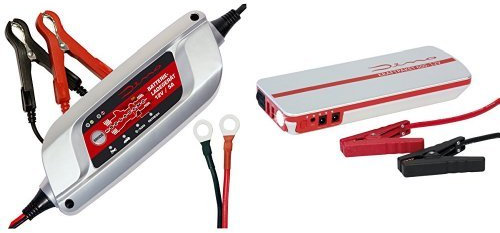 Dino KRAFTPAKET 12V-5A BATTERIELADEGERÄT Vollautomatisches 8-Schritt Batterie Ladegerät Erhaltungsgerät Erhaltungsladegerät Batterietrainer für KFZ PKW Auto Motorrad und Dino KRAFTPAKET 12V-600A STARTHILFEGERÄT 66.6Wh 18000mAh mit Powerbank Starthilfe Booster Schnellstartsystem Starthilfekabel Adapter LED-Taschenlampe Ersatzakku USB Ladegerät