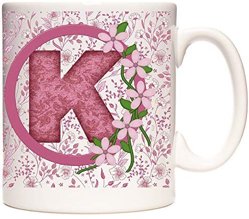 Letter K Gift Mug, Monogram K Mug, Alphabet Letter K Mug, Birthday or Celebration Gift for People Who's Name Begins with K. Pink Flower Design Mug,