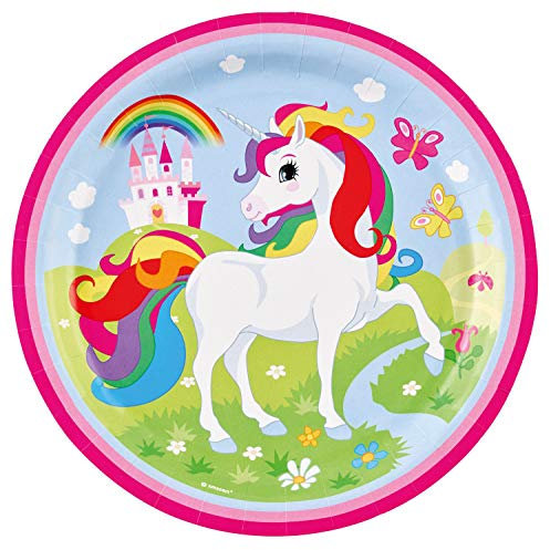 Amscan 9902101 - Teller Einhorn, 8 Stück, Durchmesser 22,8 cm, Pappteller, Kindergeburtstag