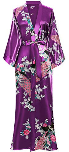 BABEYOND Kimono Robe de Nuit Femme Robe de Chambre Longue Robe de Nuit Peacock Kimono Long Chemise de Nuit Kimono 53/135cm(Violet Foncé)