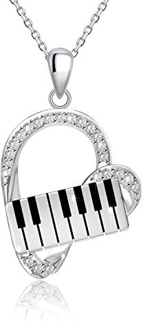ACJNA Collar con colgante de corazón de plata de ley 925 con teclado de piano, joyería musical para mujer, Plata esterlina, Circonia cúbica
