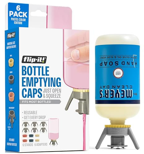 Flip-It! Entleerungs-Set für Flaschen – 6 Flaschen – kein verschwendetes Produkt mehr – passend für die meisten Plastikflaschen – 6 Basiskappen, 6 Adapter – Pastellfarben-Edition