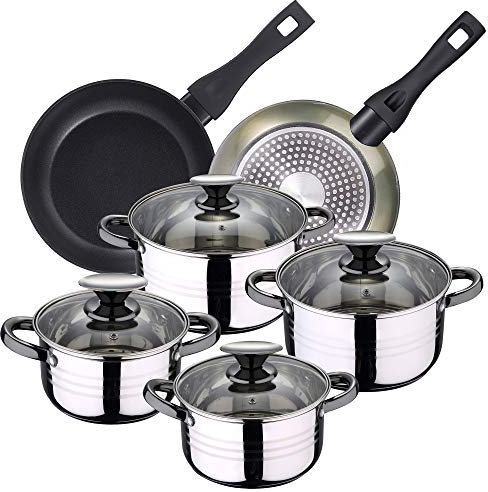 Bergner 10 Piezas batería de Cocina 4 cacerolas con Tapas de Vidrio, más Set 2 sartenes 20/24 cms-aptas para inducción, Acero Inoxidable/Aluminio Forjado, Verde