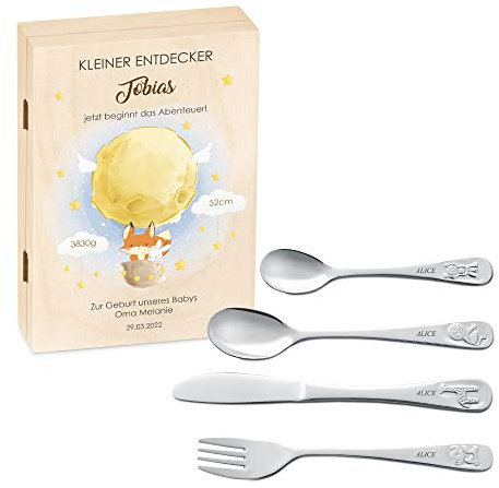 Maverton Kinderbesteck Set mit Gravur + Holzbox mit Aufdruck - aus Edelstahl - mit Tieraufdruck - 4-teilig - personalisierbar - Braun - Geschenk Geburtstag, Taufe, Geburt - Luftballon