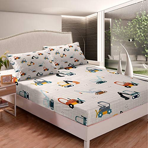 Loussiesd Cartoon Auto Spannbetttuch 90x200cm Bagger Traktor Bettlaken Set für Kinder Jungen Kindergürtel Gitter Spannbettlaken Ultra Soft Maschinenkräne Raumdekor