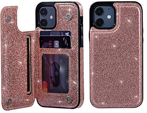 UEEBAI Case for iPhone 12 iPhone 12 Pro 6.1 inch, Premium Glitter PU Leather Case Back Wallet Cover [Two Magnetic Clasp] [Card Slots] Stand Function Durable Shockproof Soft TPU Case - Rose Gold#2