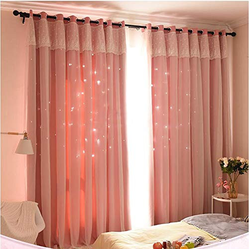 Michorinee Kinderzimmer Gardinen Mädchen Vorhang Hohle Sterne Prinzessin Verdunkelung Kräuselband Blickdicht Ösenschal Spitze Voile Rosa für Mädchenzimmer 240 × 132cm (H × B)