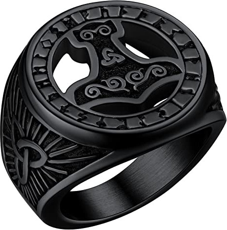 FaithHeart Schwarz Viking Fingerring Thors Hammer Fingerring im Runenkreis Herren Ring Jungen Ring Hip pop Retro Siegelring Partnerring Freundschaftsring für Paar Pärchen