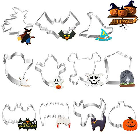 Halloween Keksausstecher Ausstecher, 11 Stück Halloween Ausstechformen aus Edelstahl von Kürbis, Geist, Spinne, Hexenhut, Fledermaus, Katze Plätzchen Ausstecher für Kinder Party Deko