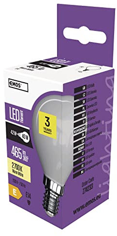 EMOS LED Lampe Mini Globe 4,2W milchig, Ersatz für 40W, Filament Glühbirne, Design-Glühlampe mit E14 Sockel und Helligkeit 465lm, Warmweiß 2700 K, 25000 St. Lebensdauer, CRI > 80, 320° Abstrahlwinkel