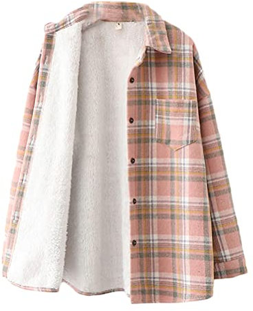 Minetom Damen Kariertes Knöpfen Taschen Mantel Hemdjacke Holzfällerjacke Plaid Plüsch Fleece Gefüttert Jacke Herbst Winter Bluse A Rosa S