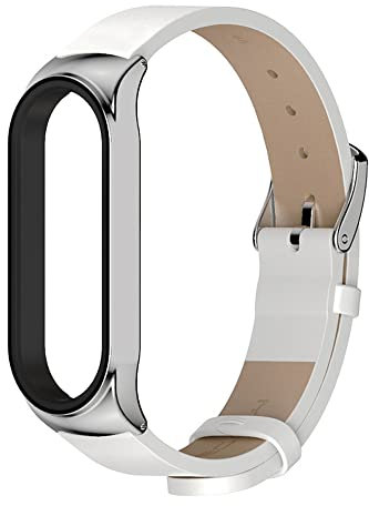 Kompatibel Mit Xiaomi Mi Band 5 Armband Lederarmband Mi Band 6 Ersatzarmband Leder Replacement Armband Mi Band 5/6 Metall Edelstahl Stoßfeste Schutz Uhrenarmband (Silber Weiss,Mi band5/6)