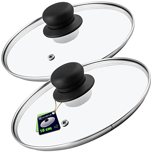 KADAX Glasdeckel Set, Topfdeckel aus Glas, ⌀14-30cm, hitzebeständiger Deckel für Topf, Pfanne, Pfannendeckel mit Griff aus Kunststoff, Universaldeckel (2x 18cm)