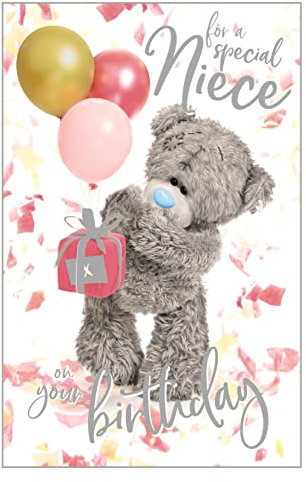 Me to You Tatty Teddy 'Special Niece' Birthday Balloons 3D Lenticular Card 6 x 9 - Official Collection, White, gray, pink, gold, ALM93059