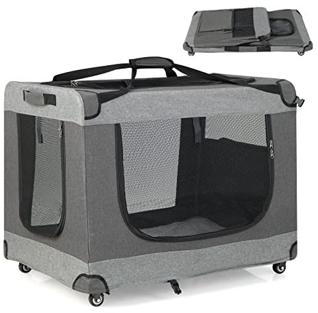 COSTWAY Folding Dog Carrier, 3-Door Mesh Cat Crate Puppy Cage with Wheels and Removable Mat, Portable Pet Travel Bag Holds up to 32kg