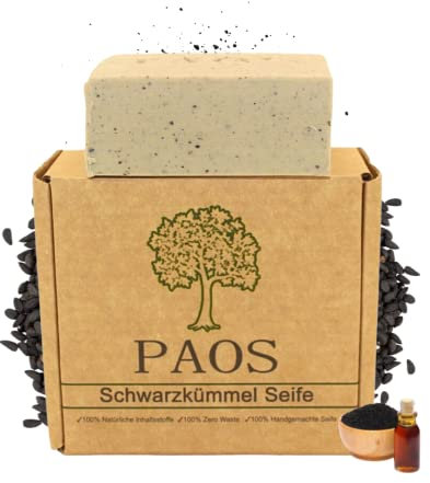PAOS Schwarzkümmelöl Seife, Naturseife, Akneseife, Haarseife, ca.150g, Naturprodukt, Keine chemischen Zusätze, empfohlen bei Schuppenflechte, Neurodermitis, Ekzeme, Falten