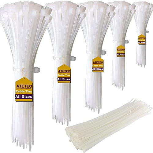 ATETEO White Cable Ties, 200mm x 3.6mm, Pack of 200, 8 Premium Nylon Zip Ties, Multi-Purpose Plastic Tie Wraps, Secure Self-Locking Mechanism, for Home, Garden, Office and DIY