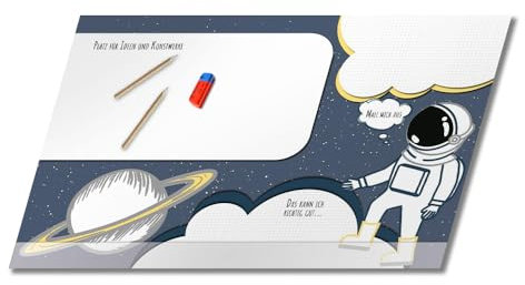PRIMUS PRINT - Astronaut Schreibtischunterlage Papier - DIN A2 Unterlage Schreibtisch - Abreißblock - 80g Dickes Naturpapier - Stabiler Papprücken - 25 Blatt - [ Motiv: Astronaut mit Fußleiste ]