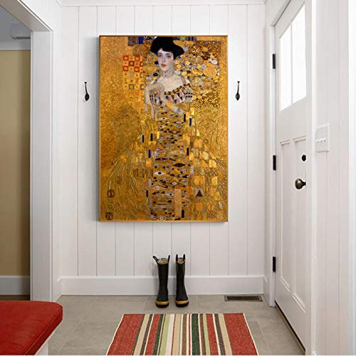 HYFBH Porträt von Adele Bloch Leinwand Gemälde an der Wand Gustav Klimt Kuss Gemälde Reproduktionen Leinwanddrucke für Wohnzimmer 100 x 150 cm/39 x 59 Zoll Goldrahmen