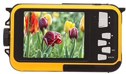 Waterproof Digital Camera, Full HD 2.7K 48MP Cameras with Selfie Dual Screens 16X Digital Zoom Underwater Camera for Snorkeling (Yellow)