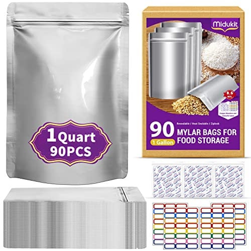 90 PCS Mylar Bags With Oxygen Absorbers For Food Storage 1 Quart 6x8 8.6Mil, Mylar Bags Small With Oxygen Absorbers 9000cc + Labels Heat Sealable Resealable Ziplock For Long Term Storage, Food Grade