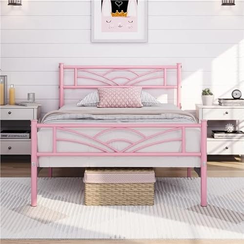 Yaheetech Lit Simple Cadre de lit 90 x 200 cm en Métal Assemblage Simple pour Petits Espaces Adultes Rose