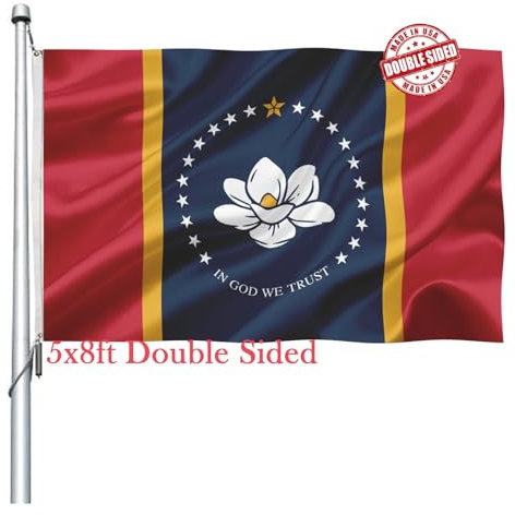 Mississippi Staatsflagge, 12,7 x 20,3 cm, doppelseitig, strapazierfähig in God We Trust MS Magnolia, Satin, Flaggen Banner mit 2 Messingösen, 4 Reihen genäht