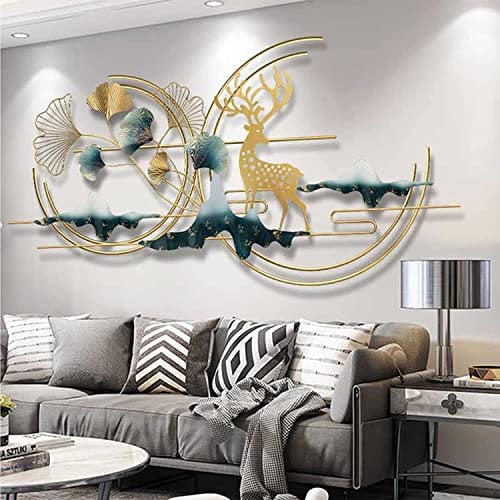 ZUMAHA Heimkunst Durchbrochene handgefertigte Wandkunst, goldenes Ginkgoblatt mit Hirsch-Kunstskulpturen, große Wanddekoration, Moderne Wohnkunst für Wohnzimmer Glatt