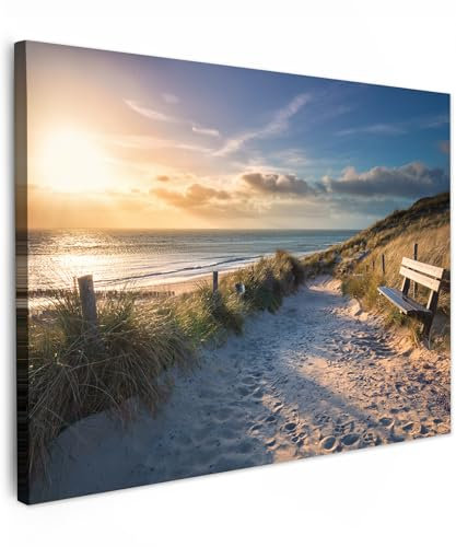 MuchoWow© Leinwand Bilder 80x60 cm Wanddeko Wohnzimmer Aesthetic Room Decor Deko Zimmer Wandbilder Modern Fotogeschenke Sonnenuntergang - Strand und Meer - Düne - Gras - Bank - Sonne