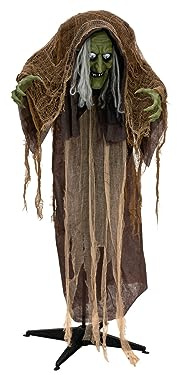 Halloween Figur Hexe buckelig, animiert, 145cm | Animierte Figur mit Licht- und Soundeffekt (Batterie- & USB-Betrieb)