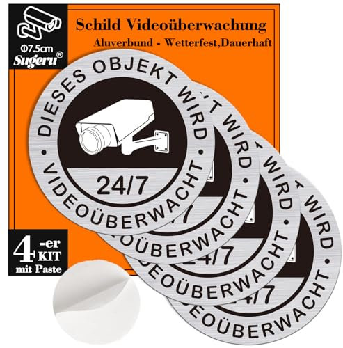 Sugeru 4-er Schild Videoüberwachung mit Paste - 100mm | Achtung videoüberwachung privatgrundstück schild | DIESES OBJEKT WIRD VIDEOÜBERWACHT | Aluverbund - Wetterfest,Dauerhaft (4pcs- 75mm)
