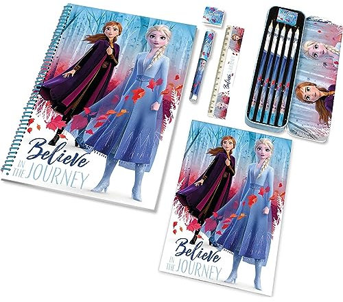 Ensemble de papeterie Frozen Disney, 12 pièces, cahiers, couleurs, stylo, trousse en métal, accessoires pour enfants, turquoise, 24 x 35 Cm, Frozen