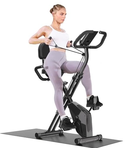 Dskeuzeew Exercise Bike Foldable, 4 in 1 Magnetic Foldable Indoor Cycling Bike with LCD Display and Heart Rate Sensor Workout Bike with Resistance Bands Home Workout Exercise Equipment