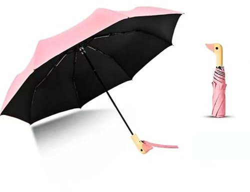 Asiasioc Enten-Regenschirm, Holzgriff, winddicht, niedlicher Entenkopf, zusammenklappbar, leicht und kompakt (Pink 1)