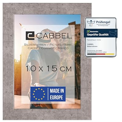 CABBEL Bilderrahmen 10x15 cm, Grau/Beton, stabiles MDF-Holz Rahmen, bruchsicherem Plexi-Glas, zum Aufhängen & Aufstellen, ideal für Fotos/Bilder/Collage