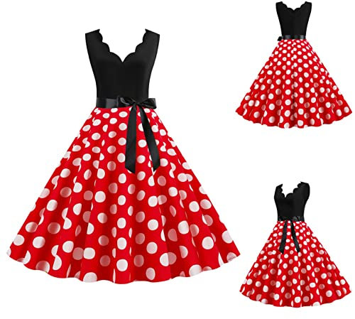 Robe Vintage AnnéEs 50 Pin Up Femme à Pois Vintage Rétro Imprimée à Pois Mi Longue Elégante Style 1950's Audrey Hepburn Cocktail Robe de Soirée Rockabilly Swing sans Manches Année 50 Plissée Robe